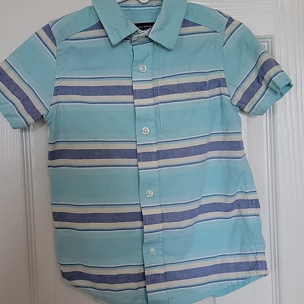 The Children's Place Boys Blue Striped Button Down, Short Sleeves, 4T